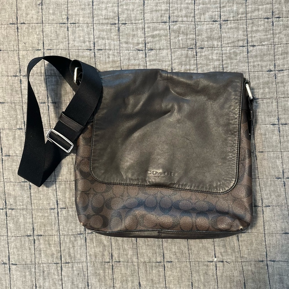 Coach Charles Signature Monogram Crossbody Messenger Bag Mahogany Brown Leather